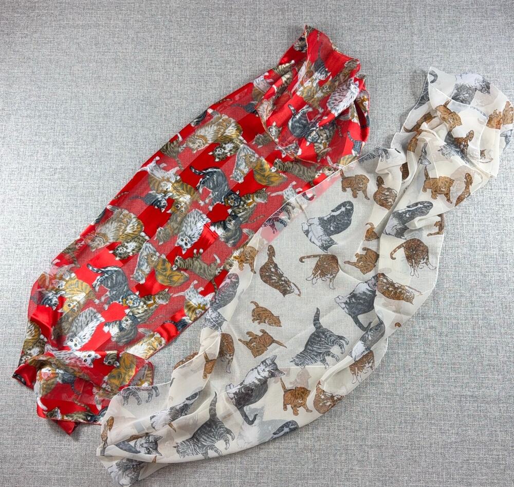 Vintage Cat Print Scarf Lot 2 City Silk Co Red Ivory Sheer Made in Korea